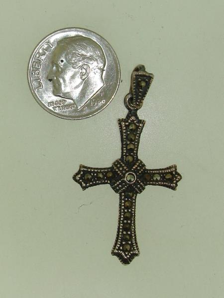 Vintage Japanned Sterling Silver & Marcasite Cross Pendant (925)