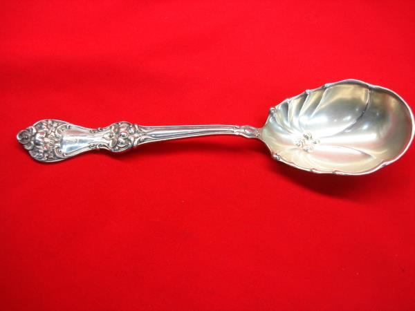 Antique Manchester Mfg. Co. Sterling Silver Lily Pattern Berry Spoon - Monogrammed'H'