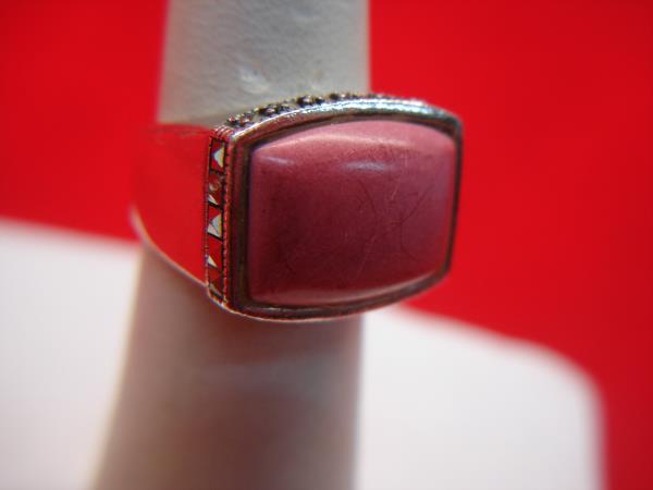Vintage Sterling Silver Ring with Pink Stone & Marcasites (Size 7)
