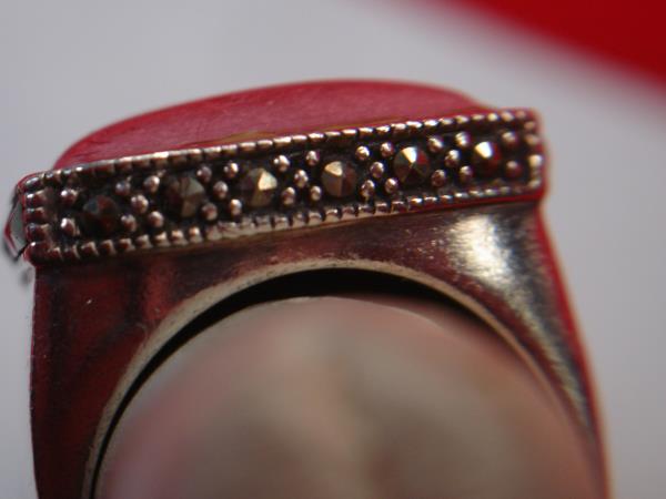Vintage Sterling Silver Ring with Pink Stone & Marcasites (Size 7)