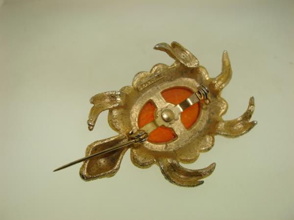 Vintage 1970s Mademoiselle Lucite Turtle Pin - Gold Tone, Red Rhinestone Eyes