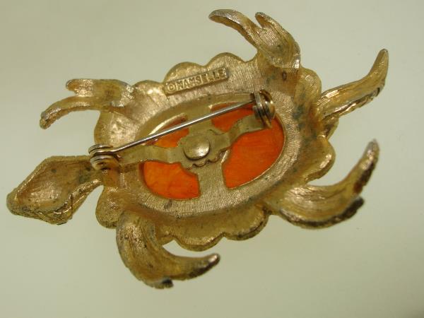 Vintage 1970s Mademoiselle Lucite Turtle Pin - Gold Tone, Red Rhinestone Eyes