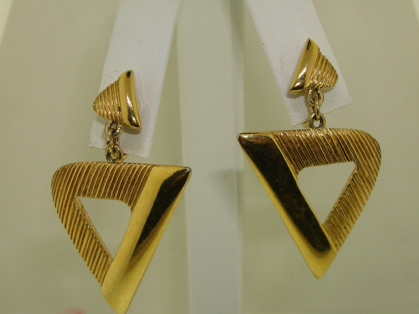 Vintage Crown Trifari Gold Tone Dangle Earrings (1960s-70s) - Clip On