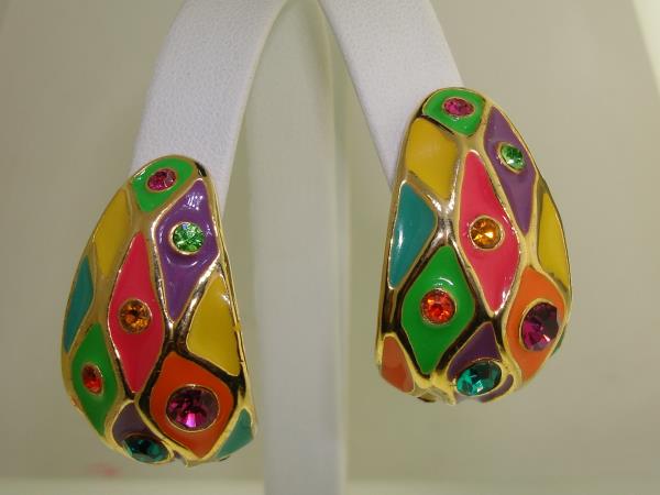 Vintage 1960s-70s Mod Enamel & Rhinestone Clip Earrings - Colorful Statement Jewelry