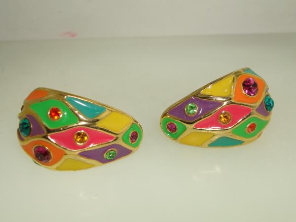 Vintage 1960s-70s Mod Enamel & Rhinestone Clip Earrings - Colorful Statement Jewelry