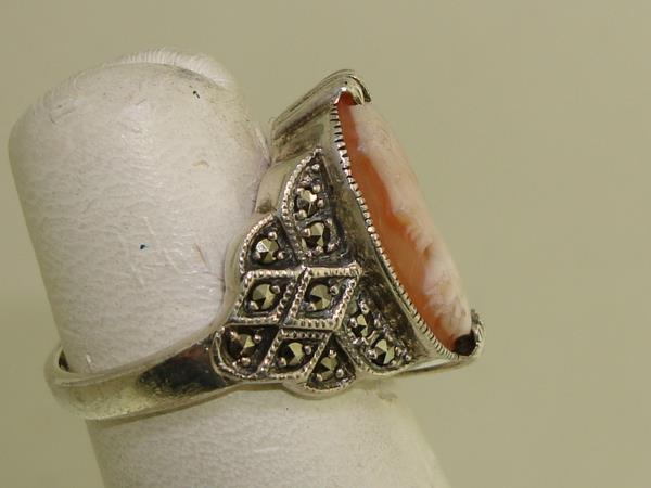Vintage Sterling Silver Cameo Ring with Marcasite Accents - Size 4.5