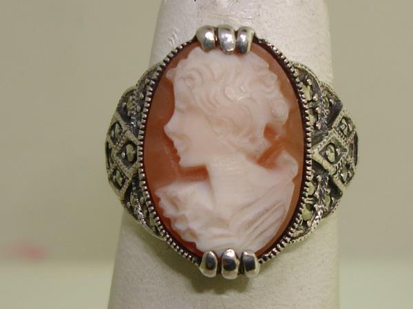 Vintage Sterling Silver Cameo Ring with Marcasite Accents - Size 4.5