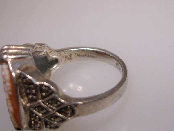 Vintage Sterling Silver Cameo Ring with Marcasite Accents - Size 4.5
