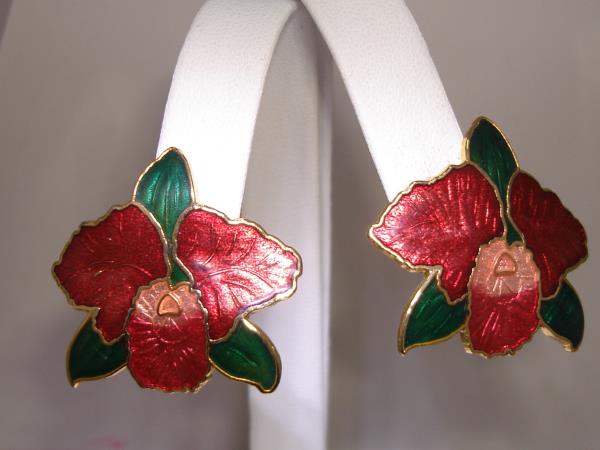 Vintage 1970s Cloisonne Enamel Clip-on Earrings (2 Pairs) - Pink Orchids & Multicolor Floral Design