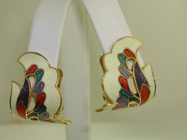 Vintage 1970s Cloisonne Enamel Clip-on Earrings (2 Pairs) - Pink Orchids & Multicolor Floral Design