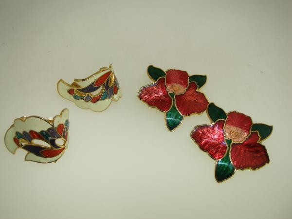 Vintage 1970s Cloisonne Enamel Clip-on Earrings (2 Pairs) - Pink Orchids & Multicolor Floral Design
