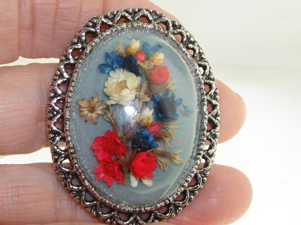 Vintage Silver Filigree Lucite Pin with Colorful Straw Flowers (1950s-60s)