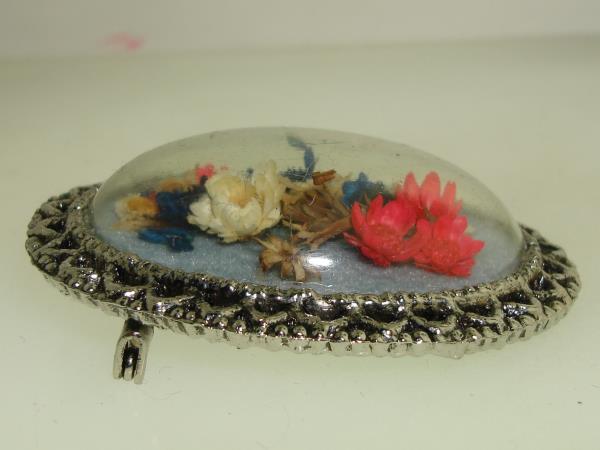 Vintage Silver Filigree Lucite Pin with Colorful Straw Flowers (1950s-60s)