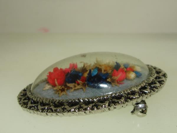 Vintage Silver Filigree Lucite Pin with Colorful Straw Flowers (1950s-60s)