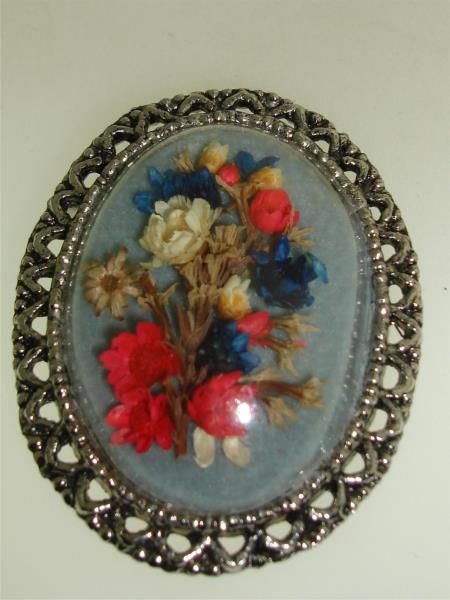 Vintage Silver Filigree Lucite Pin with Colorful Straw Flowers (1950s-60s)