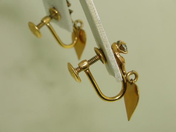 Vintage 1930s-40s Gold Filled Heart Dangle Earrings Signed JMS - Sparkling Rhinestones
