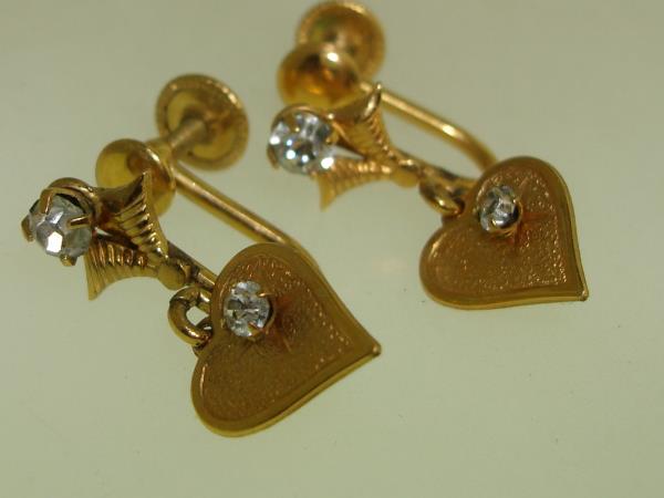 Vintage 1930s-40s Gold Filled Heart Dangle Earrings Signed JMS - Sparkling Rhinestones