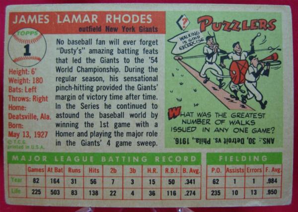 1955 Topps Dusty Rhodes #1 New York Giants Baseball Card - Excellent Condition