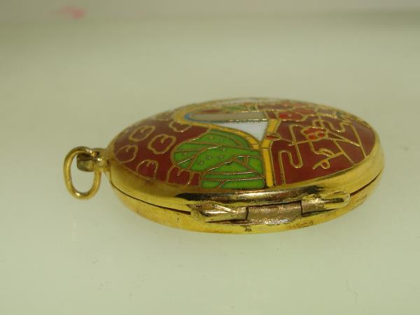 Vintage 1980s Cloisonne Enamel Water Lily Bracelet & Locket Set - Red & Multicolor