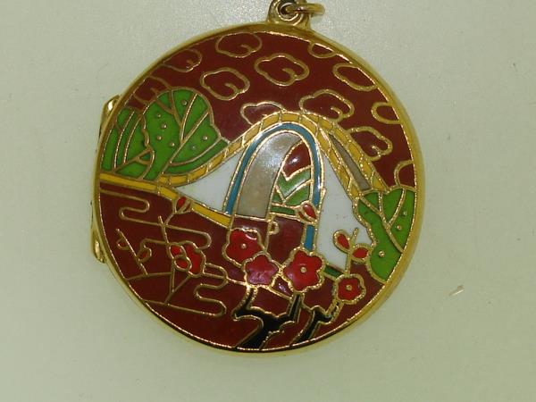 Vintage 1980s Cloisonne Enamel Water Lily Bracelet & Locket Set - Red & Multicolor