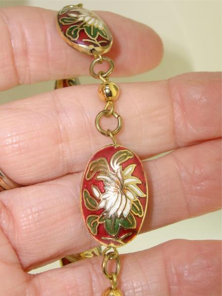 Vintage 1980s Cloisonne Enamel Water Lily Bracelet & Locket Set - Red & Multicolor