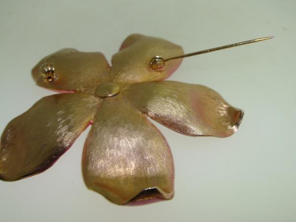 Vintage Hot Pink Enamel Pin Brooch with Rhinestone Stamens - Gold Tone, 2.625