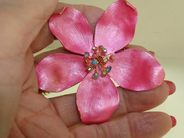 Vintage Hot Pink Enamel Pin Brooch with Rhinestone Stamens - Gold Tone, 2.625