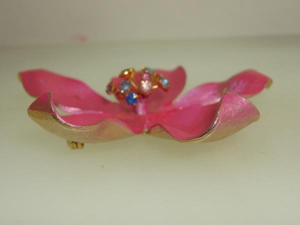 Vintage Hot Pink Enamel Pin Brooch with Rhinestone Stamens - Gold Tone, 2.625