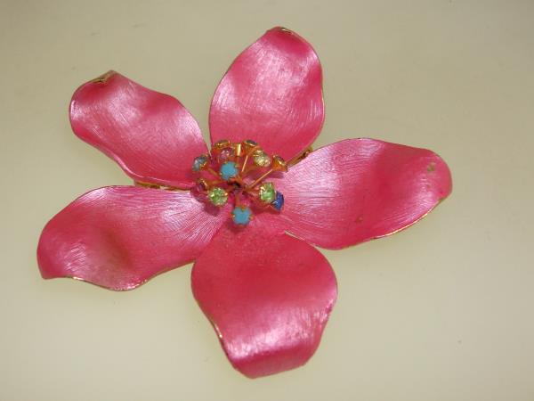 Vintage Hot Pink Enamel Pin Brooch with Rhinestone Stamens - Gold Tone, 2.625
