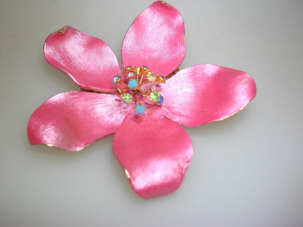 Vintage Hot Pink Enamel Pin Brooch with Rhinestone Stamens - Gold Tone, 2.625