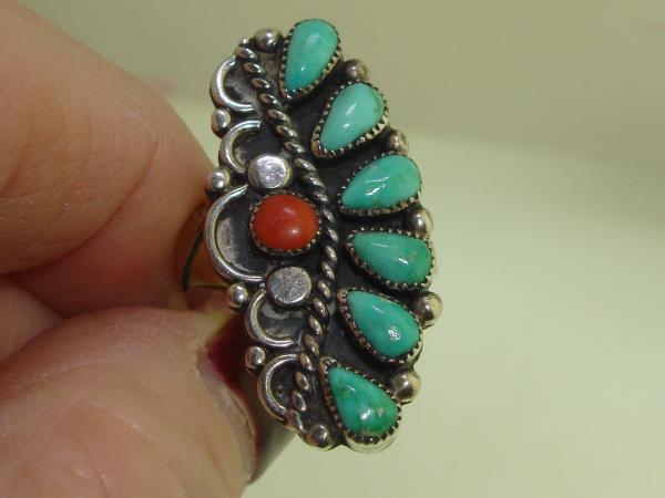 Vintage Native American Sterling Silver Turquoise & Coral Ring by L. Thomas (Size 7 1/2)
