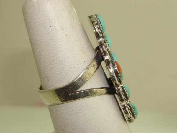 Vintage Native American Sterling Silver Turquoise & Coral Ring by L. Thomas (Size 7 1/2)