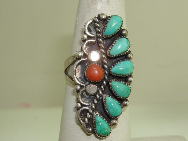 Vintage Native American Sterling Silver Turquoise & Coral Ring by L. Thomas (Size 7 1/2)