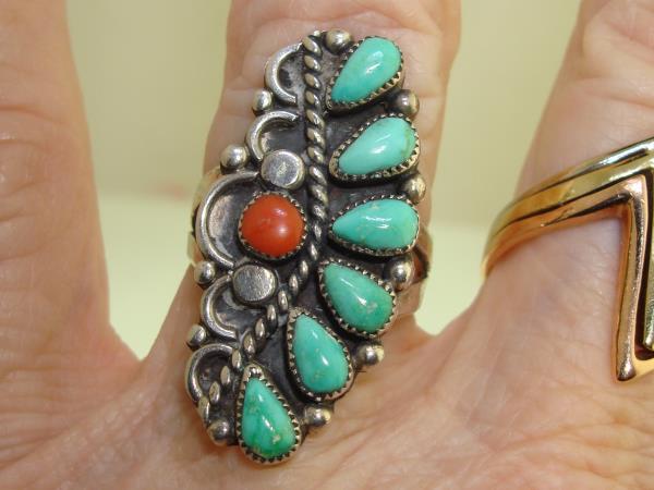 Vintage Native American Sterling Silver Turquoise & Coral Ring by L. Thomas (Size 7 1/2)