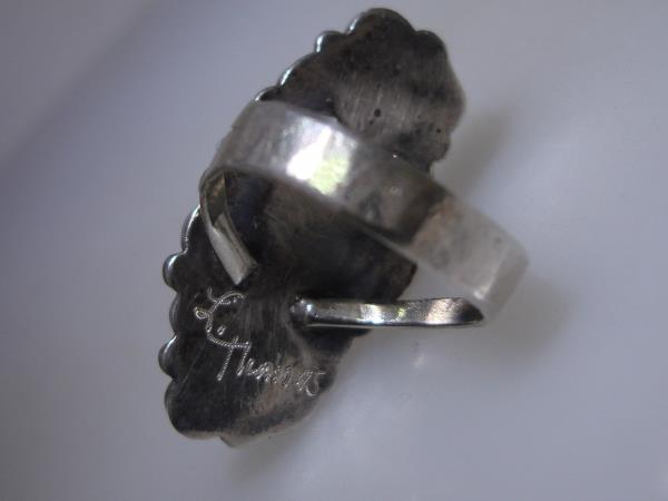 Vintage Native American Sterling Silver Turquoise & Coral Ring by L. Thomas (Size 7 1/2)
