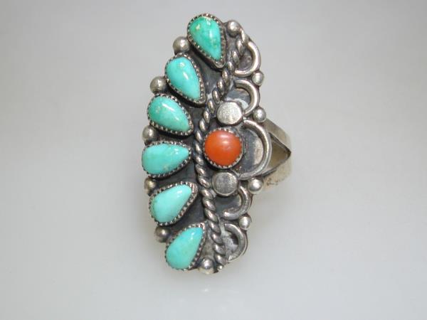 Vintage Native American Sterling Silver Turquoise & Coral Ring by L. Thomas (Size 7 1/2)
