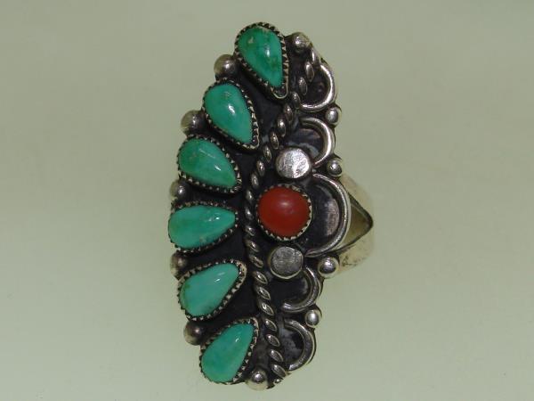 Vintage Native American Sterling Silver Turquoise & Coral Ring by L. Thomas (Size 7 1/2)