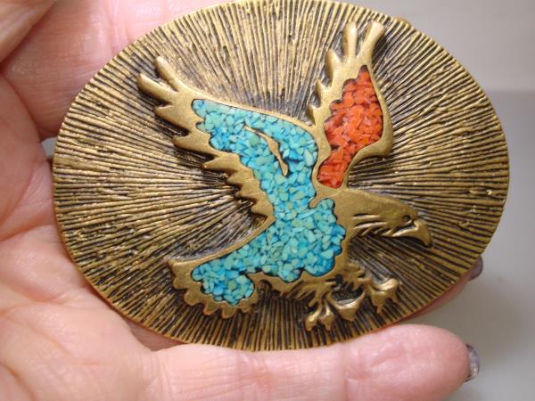 Vintage 1970s Brass Eagle Buckle with Turquoise & Coral Inlay