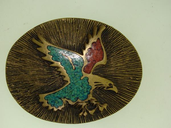 Vintage 1970s Brass Eagle Buckle with Turquoise & Coral Inlay
