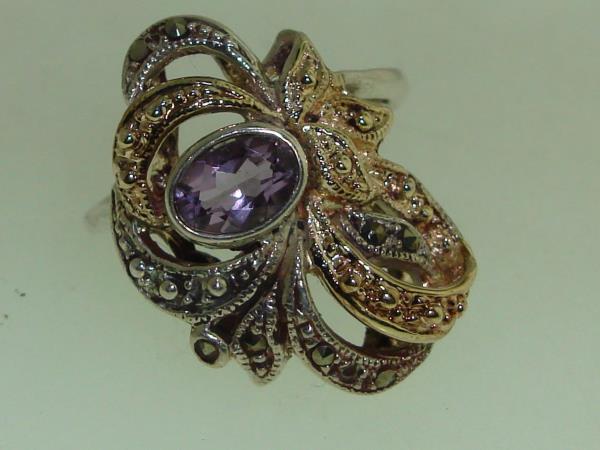 Vintage Amethyst & Marcasite Sterling Silver Ring, 18K Gold Accent (Size 8)