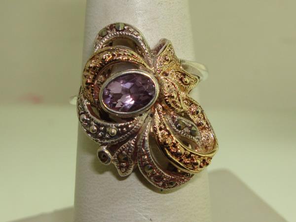 Vintage Amethyst & Marcasite Sterling Silver Ring, 18K Gold Accent (Size 8)