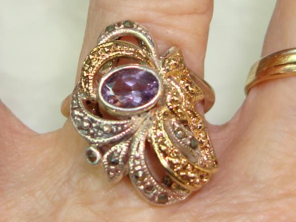 Vintage Amethyst & Marcasite Sterling Silver Ring, 18K Gold Accent (Size 8)