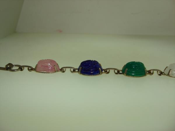 Vintage 1960s Scarab Bracelet - Colorful Molded Glass & Silver Tone Metal