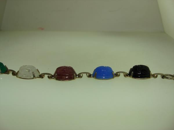 Vintage 1960s Scarab Bracelet - Colorful Molded Glass & Silver Tone Metal