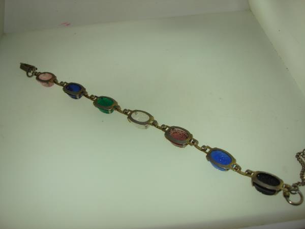Vintage 1960s Scarab Bracelet - Colorful Molded Glass & Silver Tone Metal
