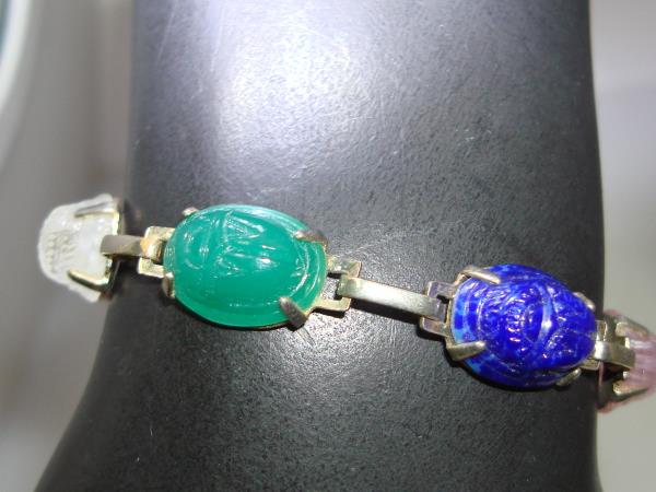 Vintage 1960s Scarab Bracelet - Colorful Molded Glass & Silver Tone Metal