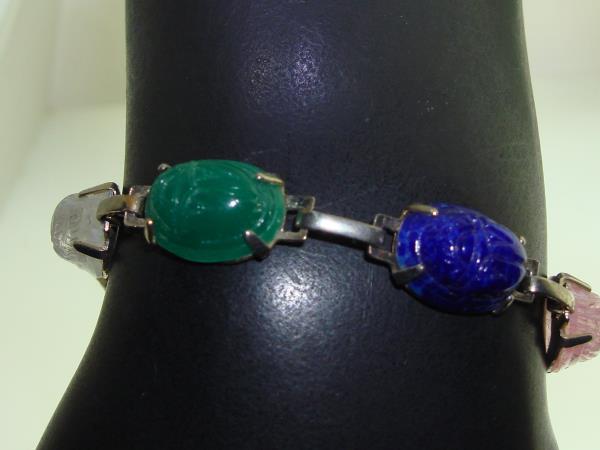 Vintage 1960s Scarab Bracelet - Colorful Molded Glass & Silver Tone Metal