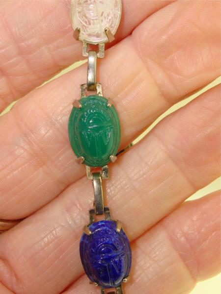Vintage 1960s Scarab Bracelet - Colorful Molded Glass & Silver Tone Metal