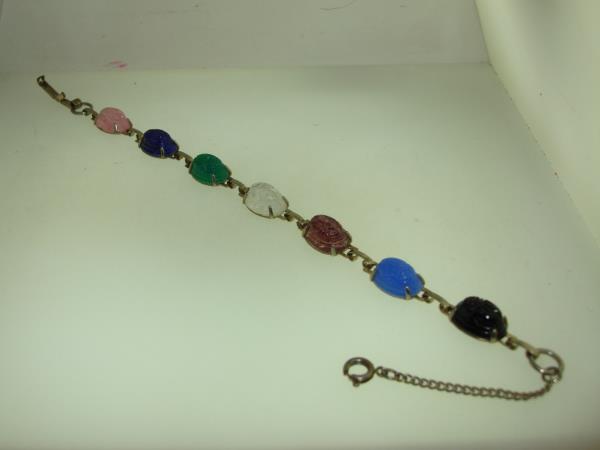 Vintage 1960s Scarab Bracelet - Colorful Molded Glass & Silver Tone Metal