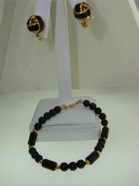 Vintage Monet Black & Gold Bracelet & Earrings Set (1970s-80s) - Excellent Condition